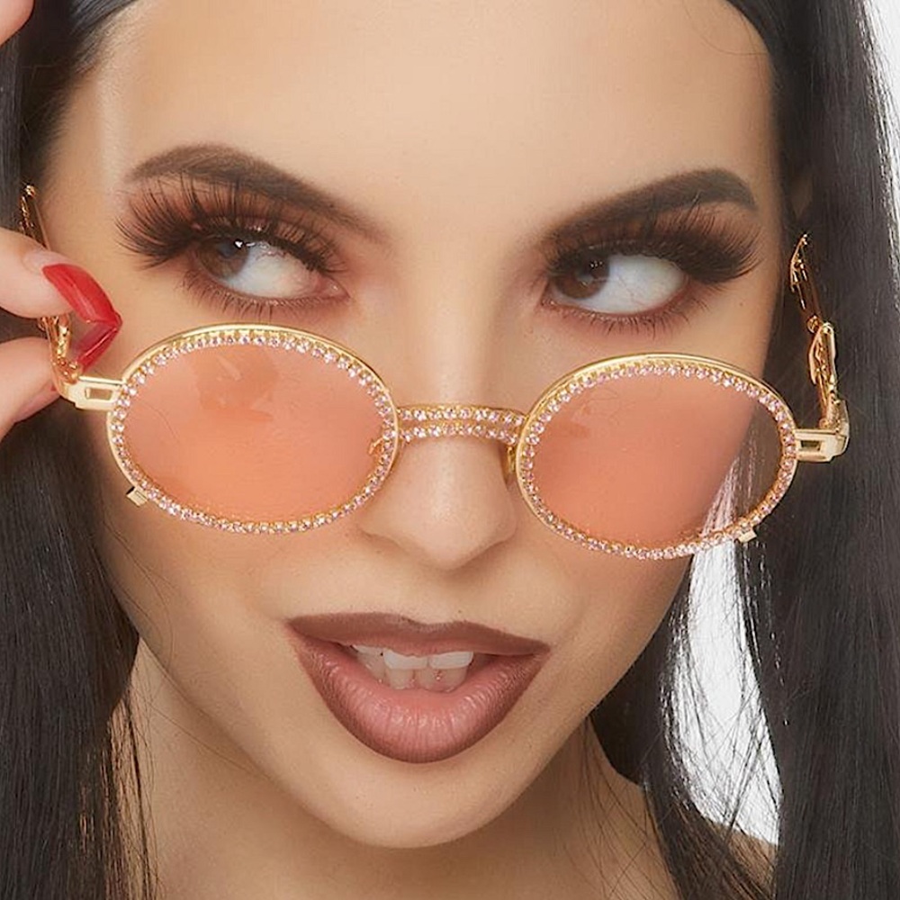 Fashion pink tint rhinestone lens round sunglasses